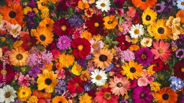 Fototapeta A vibrant floral background filled with blooming wildflowers in various colors, creating a cheerful and lively atmosphere for branding