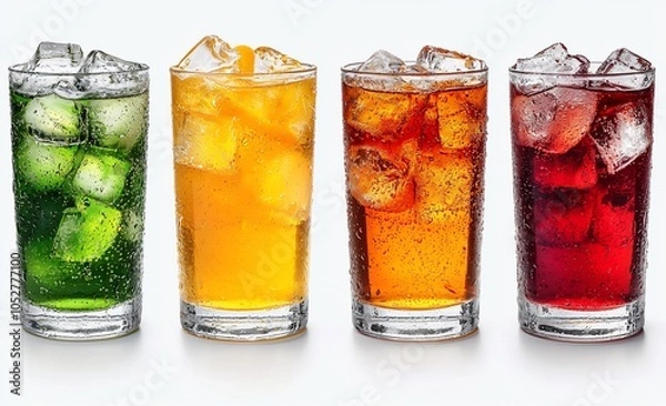 Fototapeta A variety of colorful drinks with ice in clear glasses.