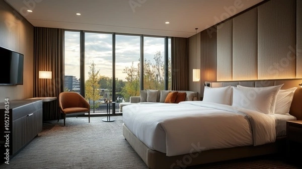 Fototapeta Modern hotel room with large windows, king-size bed, and a comfortable armchair.