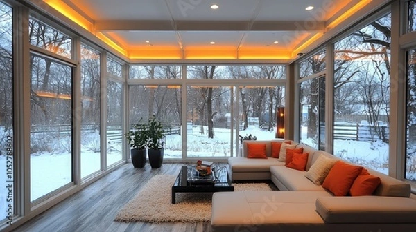 Obraz Modern living room with large windows overlooking a snowy winter landscape.
