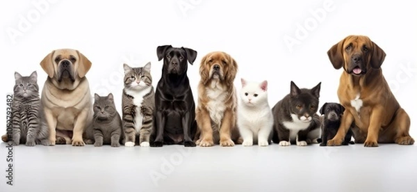 Fototapeta A lineup of various dogs and cats sitting together.