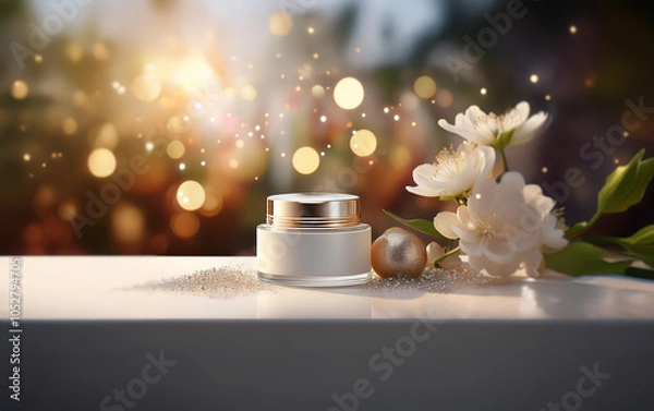 Fototapeta A white jar of cream with a gold lid sits on a white surface, surrounded by white blossoms and golden beads, with a blurred background of sunlight and bokeh.