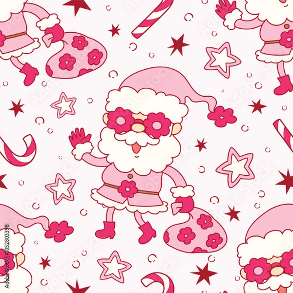 Fototapeta Seamless pattern cartoon of Pink santa claus flower, candy canes and stars glitter. Patterns related to Christmas party. Pattern design for fabric and wrapping paper, wallpaper and fashion prints.