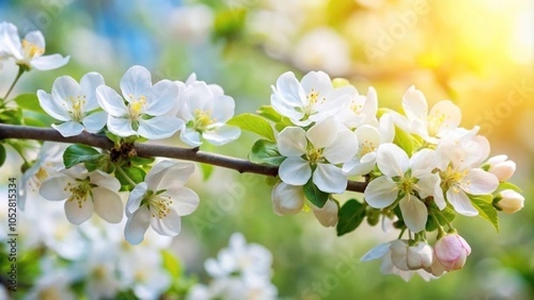 Fototapeta Panoramic view of blossoming apple tree branch with white flowers
