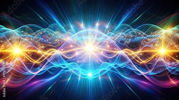 Fototapeta Panoramic view of brainwaves illuminated by patterns of light