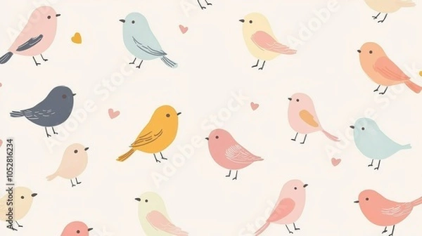 Fototapeta A charming illustration of colorful birds on a soft background, perfect for whimsical designs and nature-themed projects.