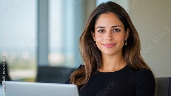 Fototapeta A professional woman sits confidently in a modern office environment, engaging with her laptop, demonstrating focus and determination in her career setting.