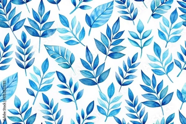 Fototapeta blue watercolor leaf pattern on white background high angle view
