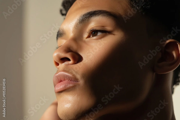 Fototapeta A young man gazes thoughtfully as soft light accentuates his facial features and shadows