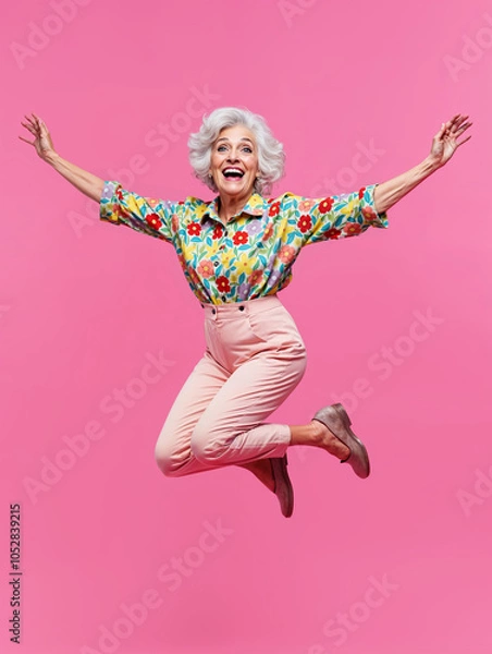 Fototapeta senior woman jumping in the air with arms raised on pink background, generative ai