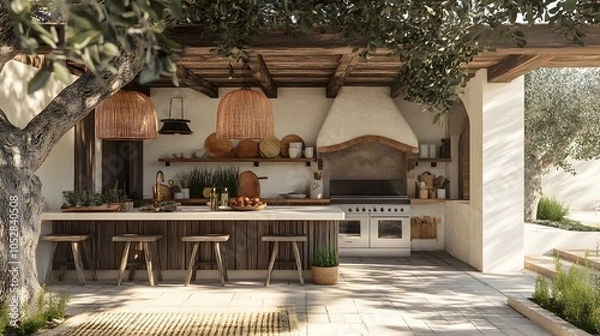 Fototapeta Breathtaking Alfresco Kitchen with Spanish Finca Details and Majestic Olive Tree Overhang