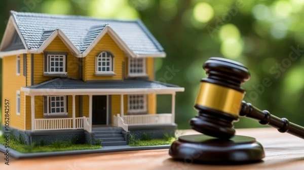 Obraz A gavel next to a model house representing real estate auctions and legal proceedings in a tranquil outdoor setting