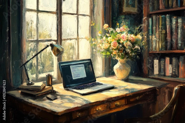 Obraz Rustic Cozy Home Office with Laptop on Wooden Desk and Bookshelf in Oil Paint