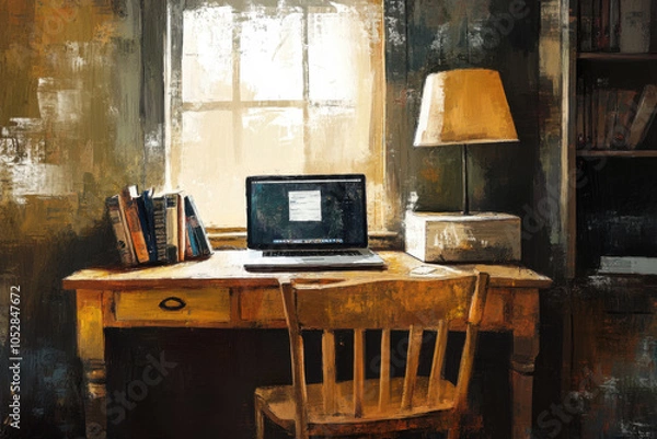 Obraz Home Office for Remote Work with Laptop, Books, and Lamp in Oil Paint