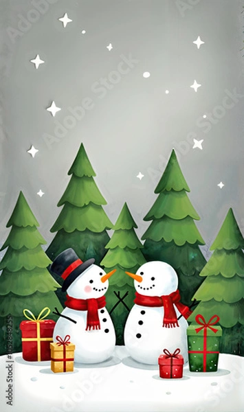 Fototapeta A snowman, deer, and Christmas tree in the forest, Christmas card design, watercolor illustration style