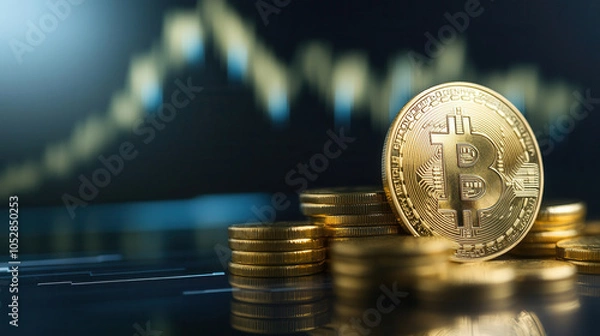 Fototapeta gold coin with rising graph symbolizes growth and investment in cryptocurrency. image captures essence of financial success and digital currency trends