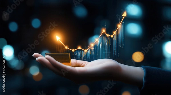 Fototapeta hand holding gold ingot symbolizes wealth and investment, with rising arrow indicating growth and prosperity in financial markets