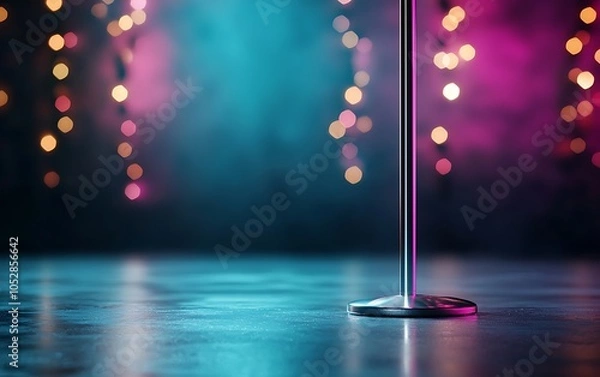 Fototapeta A polished dance pole stands on a reflective surface, surrounded by colorful lights, creating a vibrant and dynamic atmosphere.