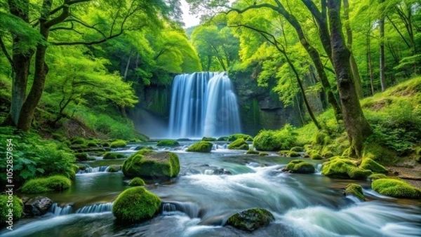 Fototapeta Scenic view of Oirase River flowing through lush forests with Choshi Ootaki waterfall in Aomori