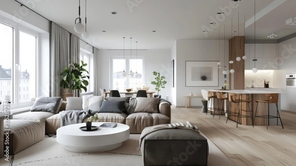 Fototapeta Modern living room with large windows, comfy sofa, and wooden accents.