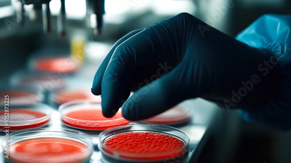 Fototapeta A close-up of a scientist's gloved hand manipulating a pipette over petri dishes filled with vibrant red agar, set against soft-focus lab equipment. Ideal for microbiology and biotech topics.