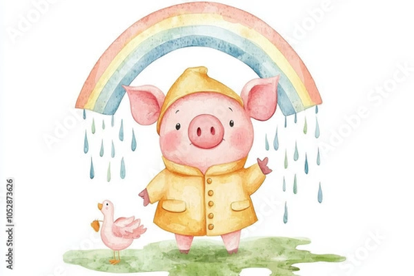 Fototapeta A cheerful pig in a bright yellow raincoat stands under a rainbow, accompanied by a duck, creating a whimsical and playful atmosphere.