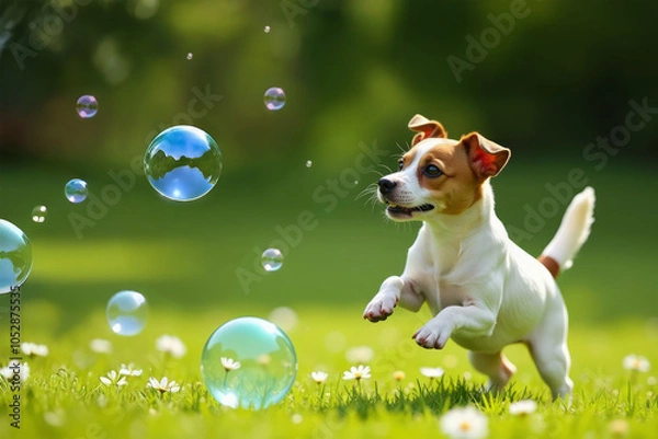 Obraz jack russell dog playing with soap bubbles in summer park.