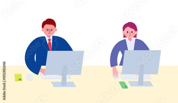 Obraz オフィスでスーツを着た男女がPCで仕事に集中しているイラスト