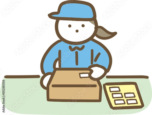 Obraz シールを箱に貼る作業員の若い女性(上半身)