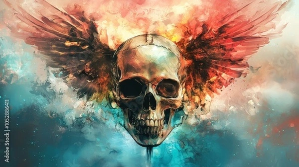 Fototapeta Artistic skull with angelic wings, representing duality, bright background