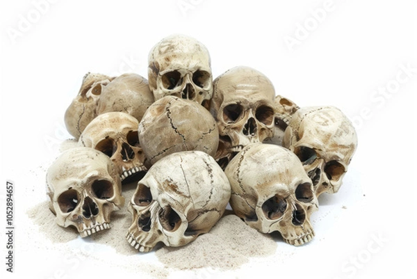 Fototapeta A pile of skulls on the beach with no shadows on a white background in a PNG format.