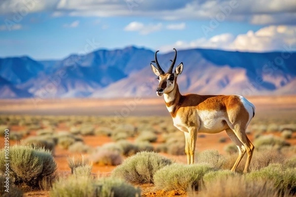 Fototapeta Pronghorn antelope grazing in Southeastern Utah desert near Colorado border, low angle view