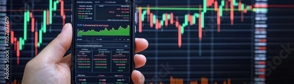 Fototapeta A hand holding a smartphone showing stock dashboard, with company logos, green and red trend lines, clean look