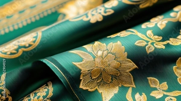 Obraz Thai traditional background with gold floral designs on green fabric, inspired by ancient patterns, isolated on white