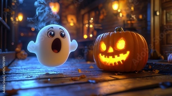 Fototapeta Cute Cartoon Ghost Popping Out of Pumpkin Lantern