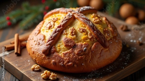 Obraz Greek Christopsomo with Walnuts and Spices for Christmas Celebration