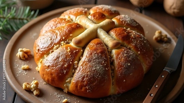 Obraz Greek Christopsomo with Walnuts and Spices for Christmas Celebration