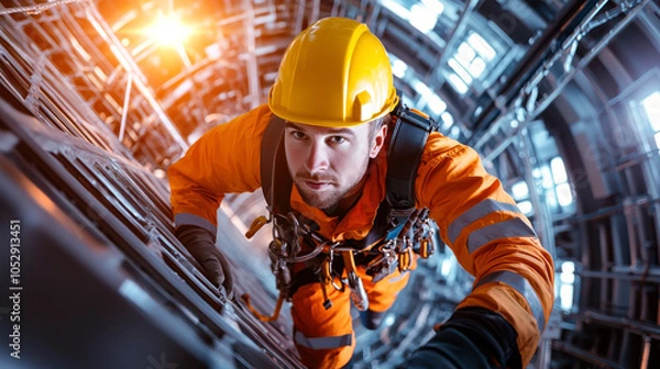 Fototapeta Climbing wind turbine, technician in orange jumpsuit and helmet showcases determination and skill. industrial setting highlights importance of safety and expertise in renewable energy