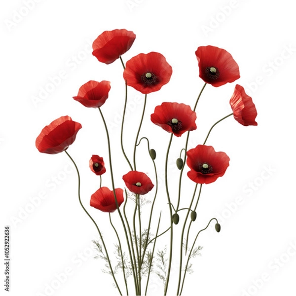 Fototapeta A bouquet of red poppy flowers with green stems and leaves.
