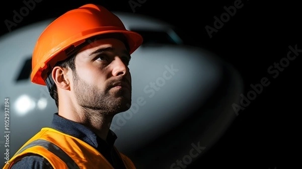 Fototapeta Engineer Adjusting Parts Inside the Fuselage of a Jetliner During Nighttime Repairs Side View of the Face Lit by a Spotlight