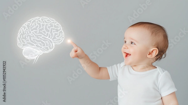 Fototapeta Baby's Brain Development: A curious toddler points at a glowing brain graphic, symbolizing the incredible potential and rapid development of a young mind.