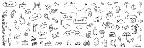 Fototapeta 手書きの旅行イラスト。楽しくてかわいいイラストのセット。夏のバカンス、ビーチや買い物、食事や交通。