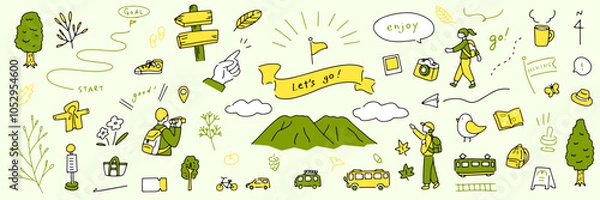 Fototapeta 手書きのハイキングイラスト。楽しくてかわいいイラストのセット。山に登ってリラックスする週末。自然観測をする人々。公共交通機関を使ったスタンプラリー。樹木を観察する遠足。