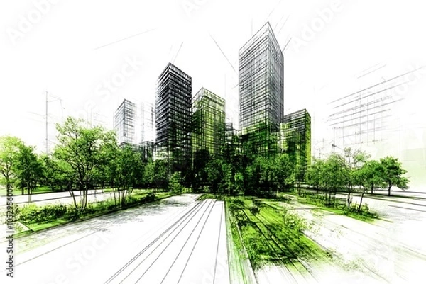 Fototapeta Cityscape Sketch with Green Space