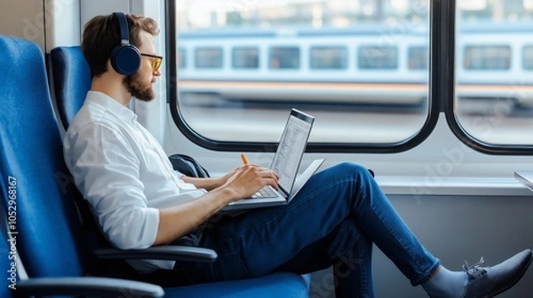 Fototapeta Focused traveler working on laptop during train ride, virtual meeting sunlight streams through the window. AI generated