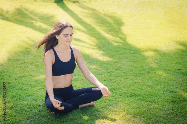 Obraz Молодая девушка занимается йогой. Девушка с длинными волосами сидит в позе лотоса на зеленом газоне.