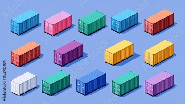 Fototapeta 2410_102.colorful freight container set, isometric perspective, bold hues, industrial transportation symbols, simplified 3d models, crisp outlines, logistics and trade illustration, minimalist design