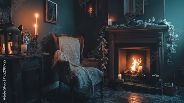 Fototapeta Cozy Winter Retreat: Muted Cyberpunk Neo-Noir Style Armchair by the Fireplace