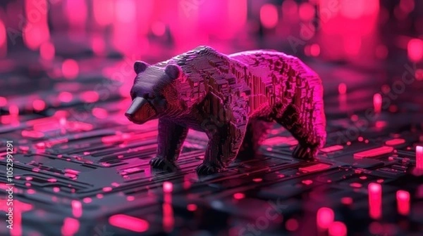 Fototapeta A digital bear stands on a circuit board, surrounded by vibrant pink and black colors, blending nature with technology.