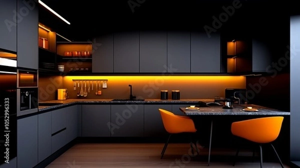 Fototapeta Modern Kitchen Design: A sleek and stylish kitchen with dark grey cabinetry, warm lighting, and a minimalist design. The space features a breakfast nook with orange chairs and a modern countertop.  